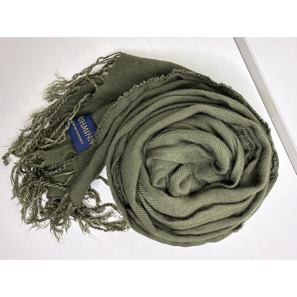 100% Pashmina Scarf Olive Green Made in Italy Soft Fringe Wrap 27x75